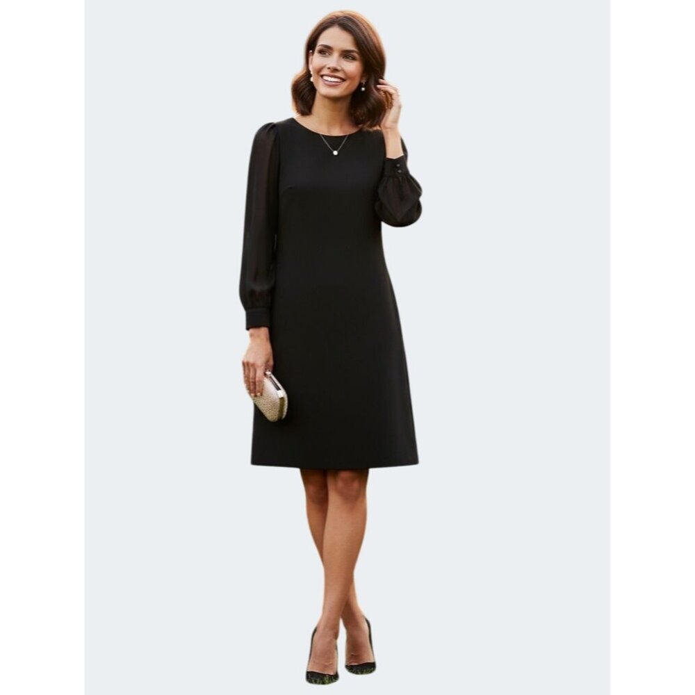 Ann Taylor Black Long-Sleeve Shift Dress With Puff Shoulders Back Zipper Size 6